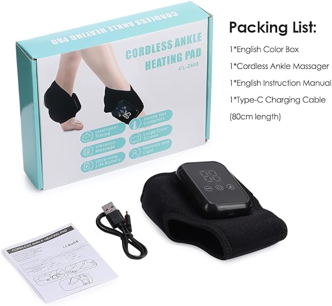 Heated Ankle Wrap with Vibration Massage – Cordless Electric Foot Massager Brace for Pain Relief, Swelling, Stiffness & Circulation – Rechargeable Heating Pad Support for Men & Women