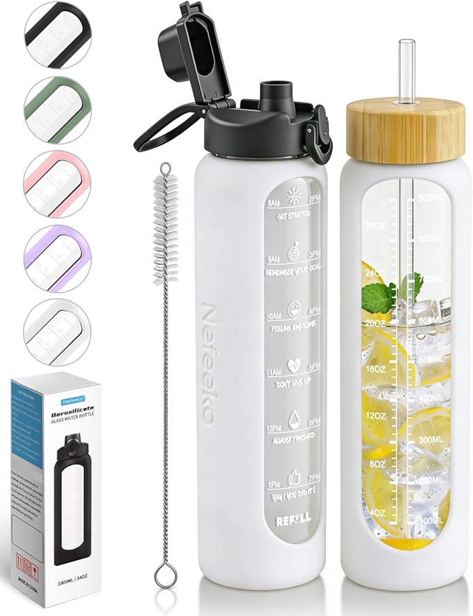 Nefeeko 32 oz Glass Water Bottles with Straw, Motivational Glass Water Bottle with Time Marker, 1 Liter BPA FREE Leakproof Reusable Glass Water Bottle with Silicone Sleeve, Bamboo Lid, Spout Lid