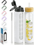 Nefeeko 32 oz Glass Water Bottles with Straw, Motivational Glass Water Bottle with Time Marker, 1 Liter BPA FREE Leakproof Reusable Glass Water Bottle with Silicone Sleeve, Bamboo Lid, Spout Lid