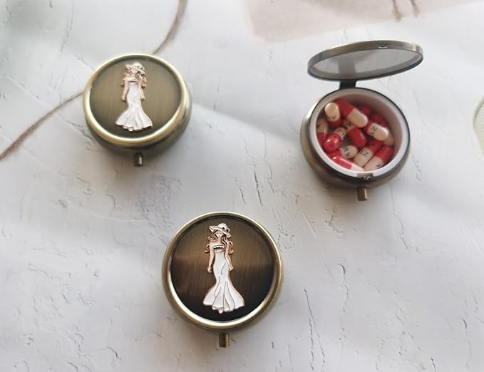 Exquisite Daily Pill Organizer Box - Weekly Vitamin Pill Box Round Metal Pill Box, Small Travel Pill Organizer Box for Purse, Round Compact Travel Medication Case (Beautiful Woman)