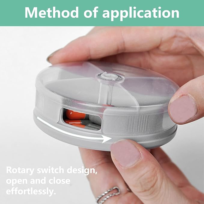 2PCS Pill Organizer 2 Packs Portable Travel Pill Box Round Rotatable Pill Case 4 Large Compartments Medicine Organizer for Vitamin Fish Oil Pills Supplements (Grey + White)