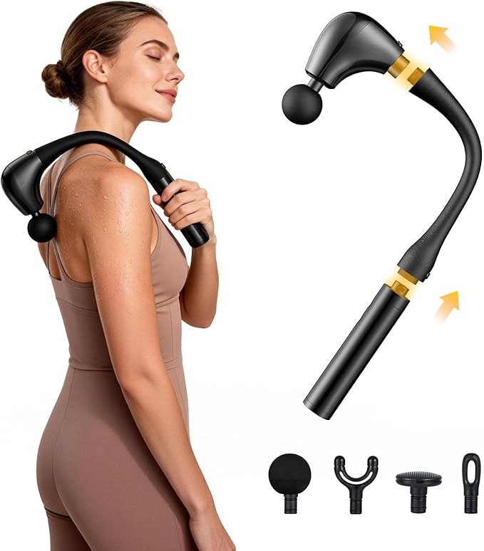 G4D Fascia Gun with Detachable U-Shape Long Handle, 10mm Deep Tissue Percussion, Brushless Motor, Up to 2800 RPM, Type-C Fast Charging, Includes 4 Massage Heads for Back Neck Shoulder Relief