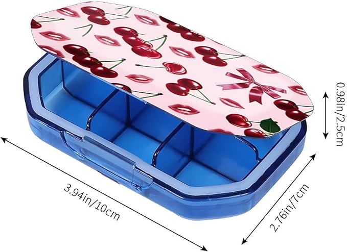 This Portable Pink Cherry Lip Print Pattern 6-Compartment Pillbox Can Be Placed in A Pocket Or Wallet to Store Vitamins, Medicines Fish Oil Health Supplements Other Medications.