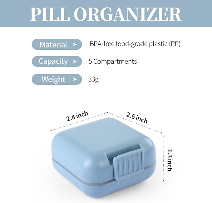 Dynippy Daily Pill Organizer 5 Compartments Portable Moisture Proof Small Pill Case for Pocket Purse Travel Pill Box Portable Medicine Vitamin Fish Oil Holder Container (Blue)