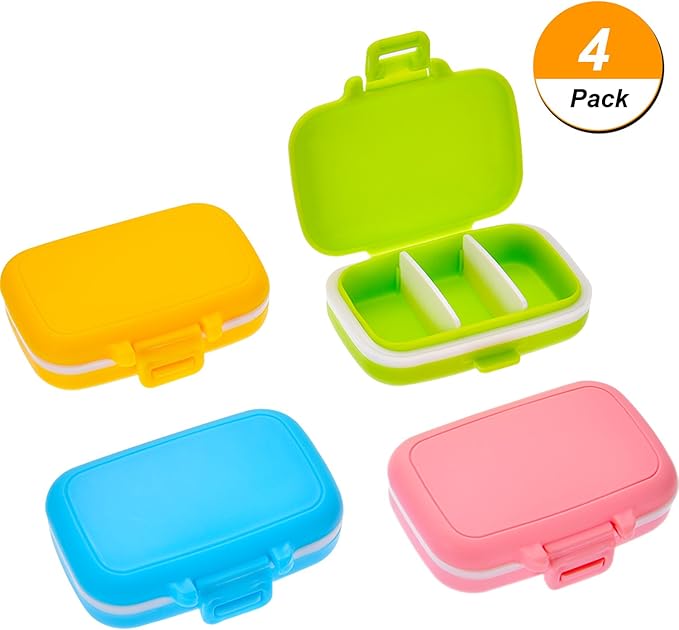 JOVITEC 4 Pack Small Pill Cases Plastic Waterproof 3 Removable Compartments Pill Organizer Box Holder Medicine for Daily and Travel Use