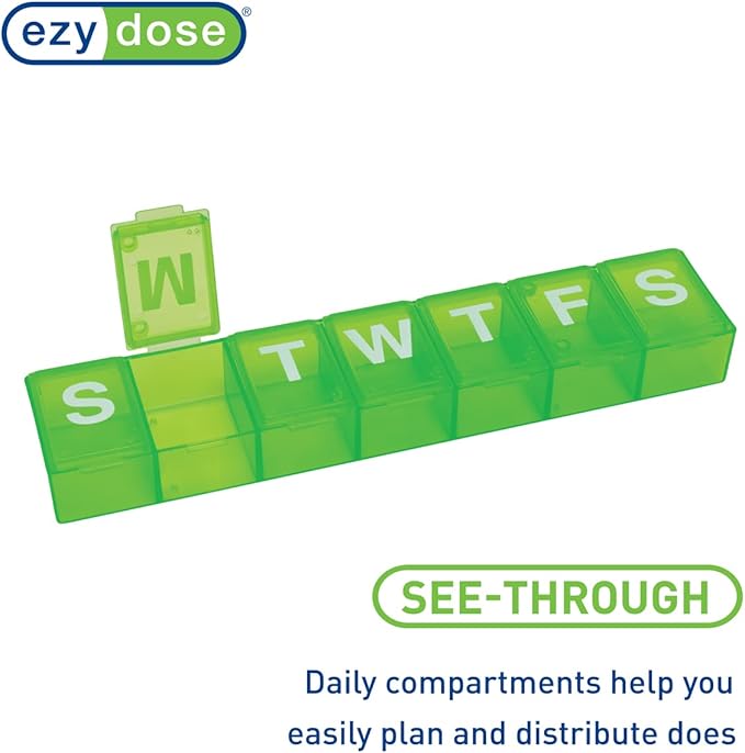 EZY DOSE Weekly (7-Day) Pill Case, Medicine Planner, Vitamin Organizer Box, Convenient and Easy to Use, X-Large Compartments, Travel Friendly, Green, BPA Free