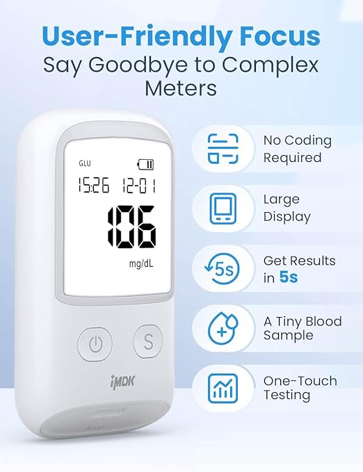 IMDK Blood Glucose Monitor Kit, Clinically Accurate Blood Sugar Test Kit with 100*Glucometer Strips, 100*Lancets, 1*Lancing Devices, No Coding Required