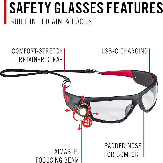 Coast SPG500 Rechargeable Lighted LED Safety Glasses, Tilt-and-Twist Optic, ANSI Z87 Standards, 2 Scratch Resistant Lenses (Clear, Yellow) Included, UV Protection, Protective Carrying Case Included