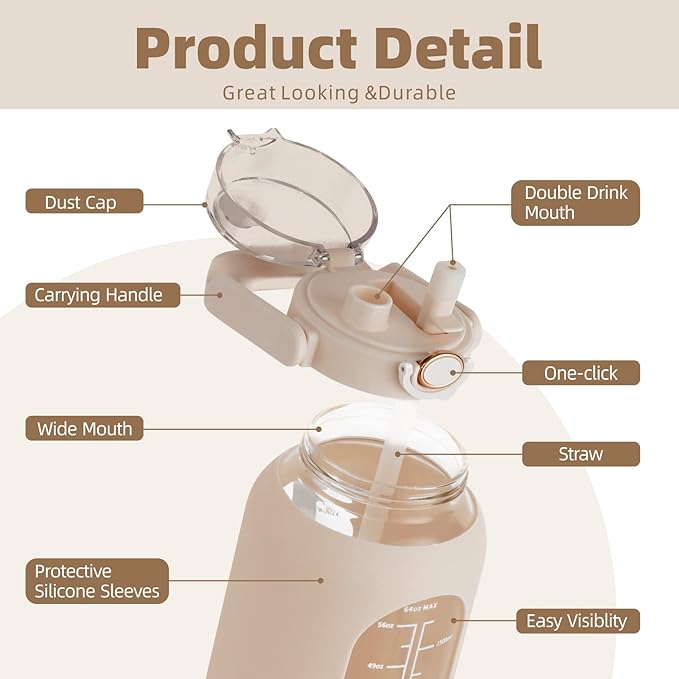 Glass Water Bottle with Straw and Handle Lid Half Gallon Motivational Glass Bottle with Silicone Sleeve and Time Marker Large Reusable Sports Water Jug for Gym Home Workout