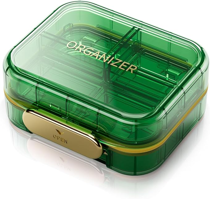 Portable Travel Pill Organizer with 7 Compartments - Perfect Weekly Pill Case Waterproof Pill Box for Daily Vitamins and Medicine, Small Pill Container for Pocket Purse (Green)