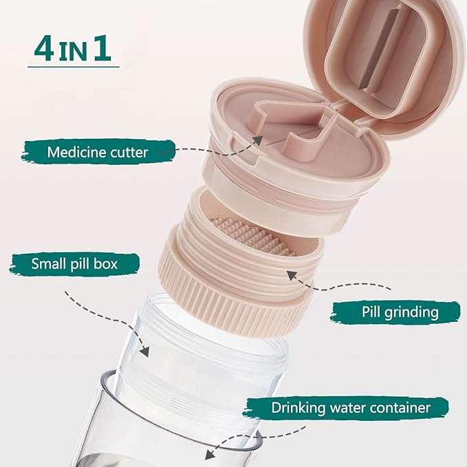 4 in 1 Pill Cutter Splitter, Pill Cutter for Small or Large Pills, Travel Pill Organizer with Crusher Grinder Fine Powder, Stainless Steel Blade, Removable Drinking Cup (Pink)