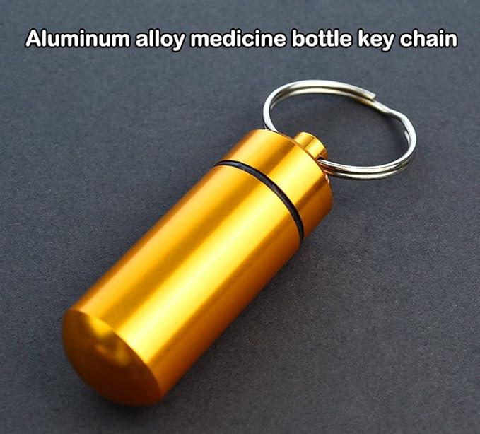 AKOAK 2 Pcs Colorful Round Aluminum Alloy Pill Bottle, Emergency Jar, Waterproof Outdoor Travel Portable Pill Bottle Key Chain (Gold)