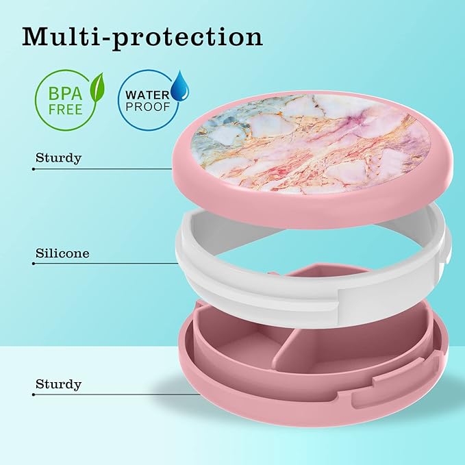 Serfeymi Small Pill Box - 3 Compartments Portable Pill Box for Purse Pocket, Compact Mini Travel Pill Case - Suitable for Medicine, Vitamin, Fish Oil, Supplements - Pink(Marble)