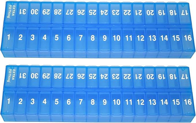 AM PM 31 Day Once-a Day Monthly Pill Planner Organizers - Large Compartment Pill Boxes Store Medications for Entire Month Plus Compartment for Extra Pills (AM/PM) (Am/Pm Blue & Blue)