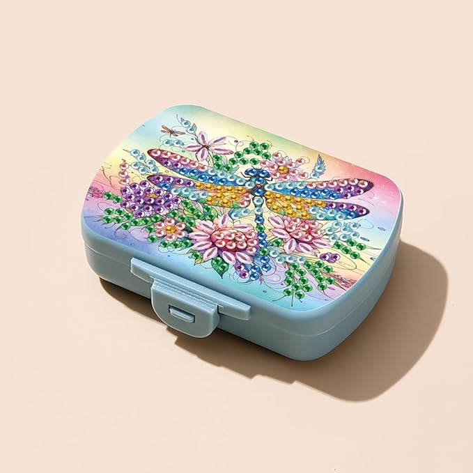 C'eitura DIY Dragonfly Diamond Art Painting Blue Pill Organizer with 6 Lid Detachable Compartments, Fun DIY Craft Project for Adults, Elegant Pill Case for Purse & Travel