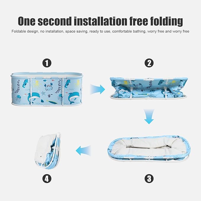 Portable Foldable Bathtub for Adult, 47" Folding Tub, Soaking Bathtub for Hot Bath and Ice Bath, Freestanding Surround Collapsible Bathtubs, Reinforced Bracket, Large Capacity (Light Blue)