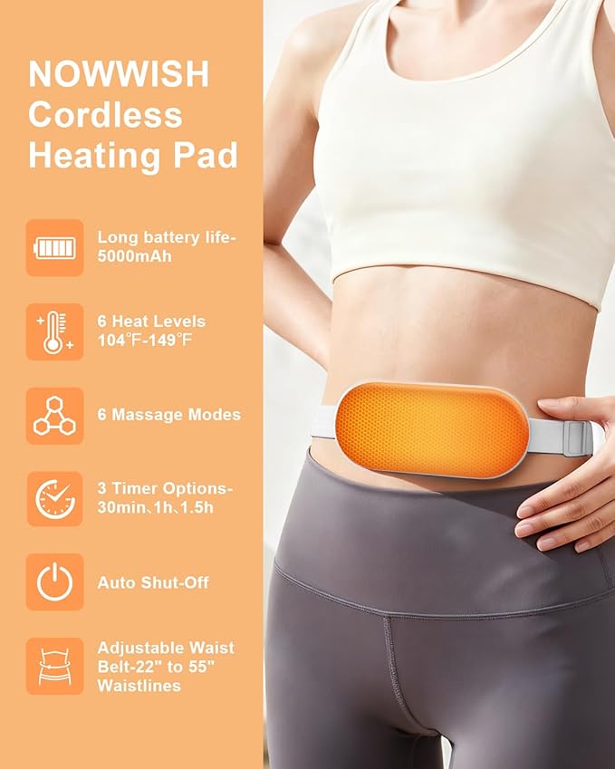 NOWWISH Upgraded Graphene Heating Pad for Period Cramps Pain Relief, Portable Electric Cordless Menstrual Heating Pad with 6 Heat Levels 6 Massage Modes 3 Timer, Easter Gifts for Women Girls, White