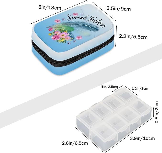 Blue Feather Flower Pill Case Travel Pill Organizer Weekly 7 Day Portable with Zipper Medicine Box Pill Case for Vitamins, Birth Control,Fish Oils,Medication, Supplements