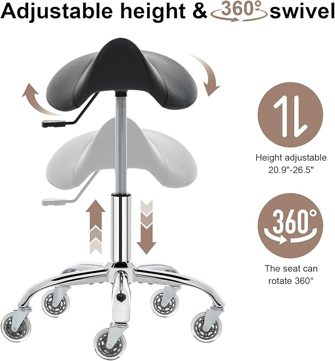 Saddle Stool, Ergonomic Saddle Chair with Wheels 450 LBS, Adjustable Height Swivel Salon Stool, Rolling Stool for Home Office Tattoo Massage Clinic Lab Beauty (Black)