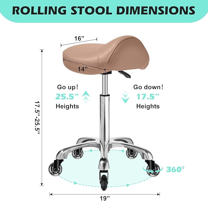 Saddle Stool with wheels Ergonomic - Heavy Duty 400lbs, Upgraded Thick Saddle Cushion, Healthy Posture Correction, Swivel Adjustable Rolling Saddle Stool, Saddle Chair for Salon Massage Home (Brown)