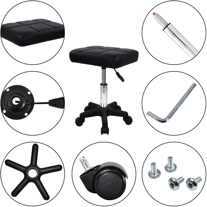 FURWOO Rectangle Rolling Stool with Wheels Height Adjustable Swivel Stool Chair for Spa Salon Massage Black