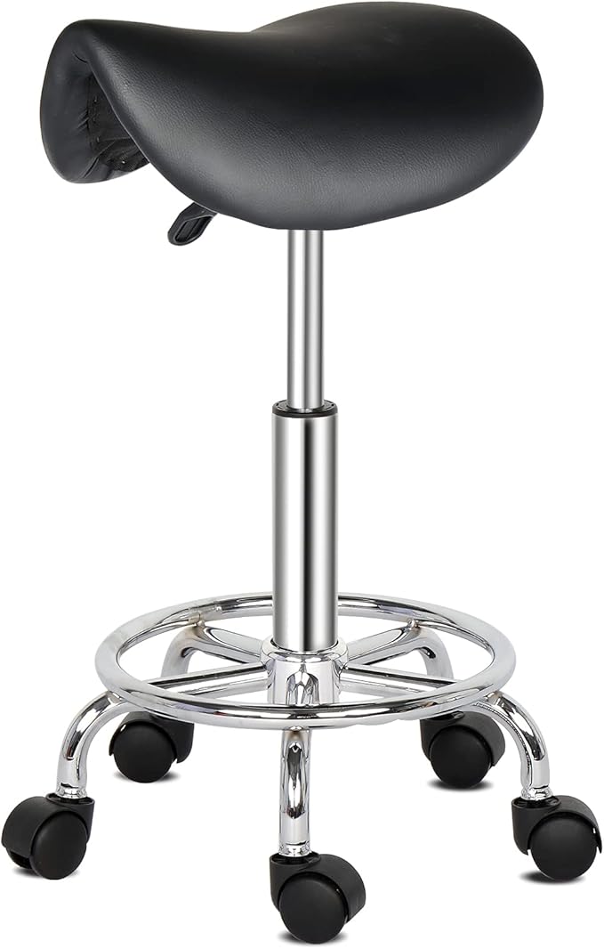 Modern Rolling Saddle Seat Stool Chair,PU Leather Swivel Adjustable Rolling Stools,Ergonomic Swivel Salon Spa Barstools,Office Drafting Chairs,with Wheels,for Home, Kitchen, Medical, Lab (Black)