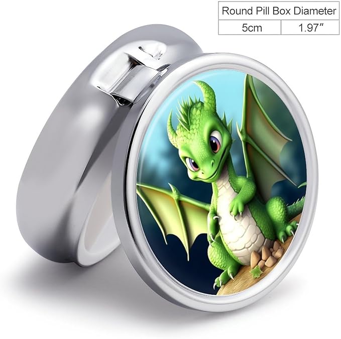 Dragon Cute Pill Box Travel Pill Case for Purse Pocket Weekly Medicine Organizer with Mirror 3 Compartment Round Medicine Case Portable PillcaseHolder for Daily