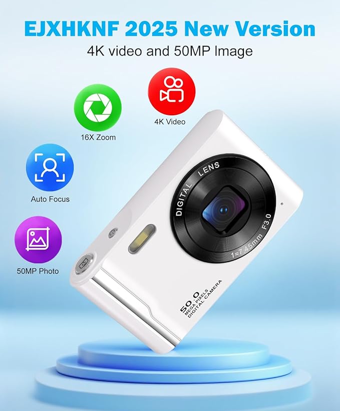 50MP 4K Digital Camera for Photography, Autofocus Vlogging Camera with 32GB TF Card & 2 Batteries, 16X Zoom Compact Point and Shoot Camera for Kids Teens Beginners, White