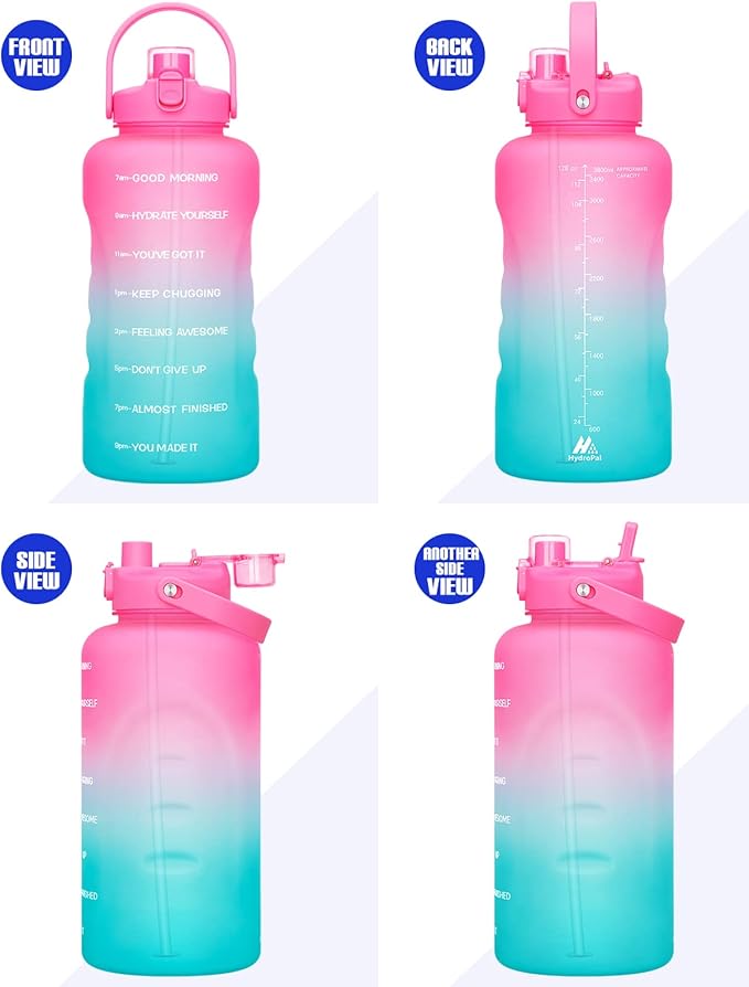 HydroPal 1 Gallon Water Bottles with Straw, 128 oz Water Bottle BPA Free Innovative 2-IN-1 Lid Gym Bottle with Times to Drink Motivational, Large for Sports Fitness Camping Water Jug （13.8X5.5 inch）