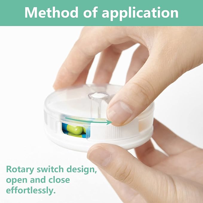 Pill Organizer Portable Travel Pill Box Round Rotatable Pill Case 4 Large Compartments Medicine Organizer for Vitamin Fish Oil Pills Supplements (White)