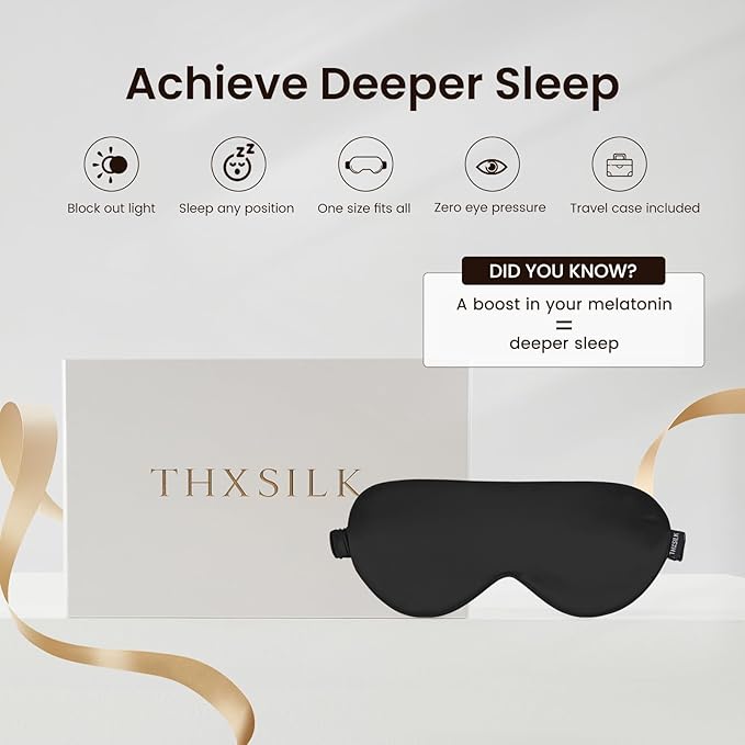 THXSILK Sleep Mask 100% 25 Momme Pure Mulberry Silk Super Smooth Cooling Sleep Eye Mask Blackout for Women/Man/Kids, Eye Cover with Wide Head Strap for Good Night Sleep, Black