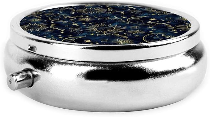 Round Pill Box,3 Compartment Mini Decorative Pocket Purse Portable Travel Medicine Tablet Vitamin Holder Organizer Pill Case,Sun Moon Boho Astrology