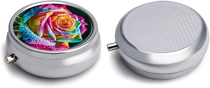 Colorful Rose with Water Pill Box Travel Pill Case for Purse Pocket Weekly Medicine Organizer with Mirror 3 Compartment Round Medicine Case Portable PillcaseHolder for Daily