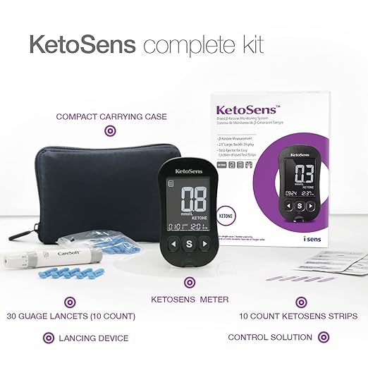 KetoSens Made in Korea Blood Ketone Monitoring Starter Kit: Ideal for Keto Diet with App. Includes 1 Meter, 10 Ketone Test Strips, 10 Lancets (30G), 1 Lancing Device & 1 Case