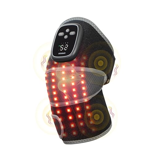 Red Light Therapy Knee Massager Brace – 660nm & 850nm Near-Infrared Light Devices, 4-Motor Deep Vibration Massage with Heating & Pulse Mode, 5000mAh Cordless Knee Pain Relief for Home & Office