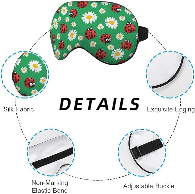 Ladybirds Daisy Sleep Mask Eye Mask Lady Beetle Ladybug Flying Insect Flowers Nature Green Sleep Mask Light Blocking Adjustable Soft Eye Masks for Women Deep Rest Travel
