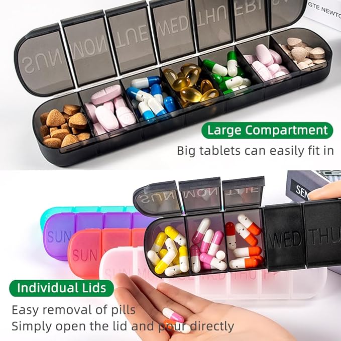 2 PCS Weekly Pill Organiser 1 Times a Day, Arthritis Friendly Travel Pill Case, BPA-Free Pill Box 7 Day, Large Compartments to Hold Vitamins Supplements Medicine (Purple)