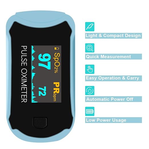 Easy@Home Fingertip Pulse Oximeter: SpO2 Blood Oxygen Saturation Meter and Heart Rate Monitor - Portable OLED Rotatable Display with Batteries Included Lanyard -EHP029