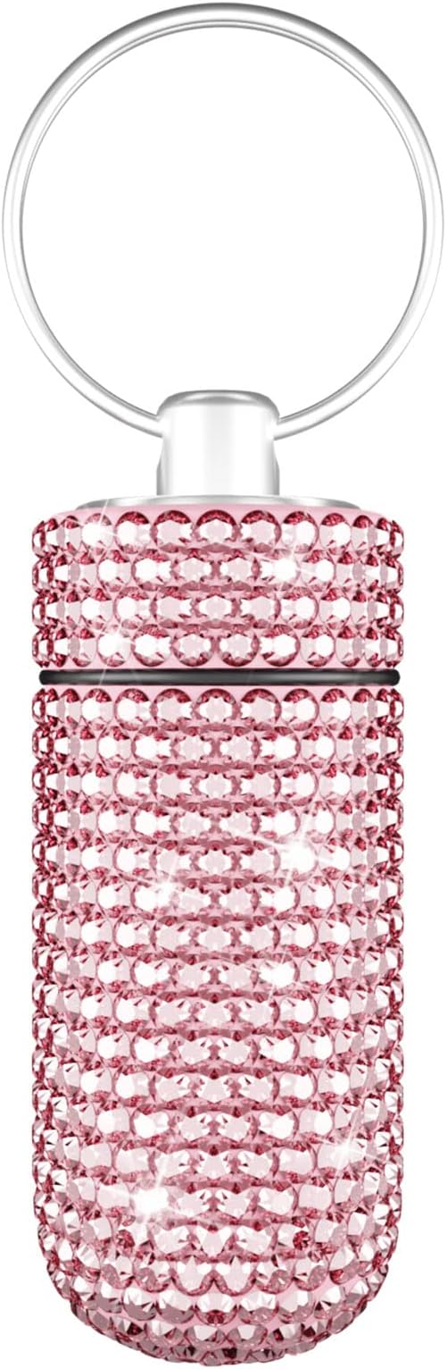 Yuchew Bling Pill Case Pill Container Rhinestone Pill Box Portable Waterproof Pocket Pill Holder Storage Bottle with Keychain for Travel, Outdoor, Camping (Pink)