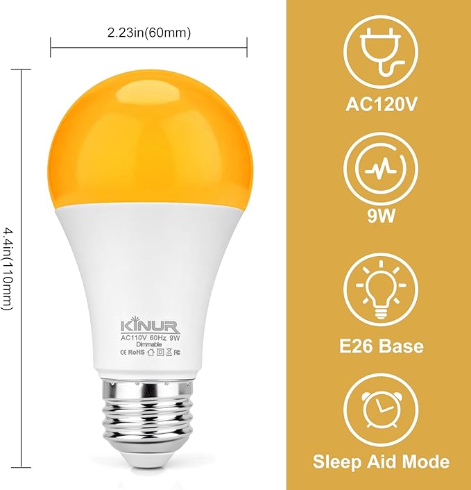 KINUR Amber Sleep Light Bulbs, 1600K, Blue Light Blocking A19, 9W Night Light for, Livingroom, Bedroom, Bathroom, Hallway, Stairs, Kitchen,4 Pack with 2 Remote Control