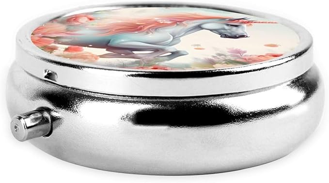 Watercolor Fantasy Unicorn Flower Pill Box 3 Compartment Pill Case, Portable Medicine Pill Organizer for Pocket Purse Pill Box Decorative Metal Medicine Vitamin Organizer