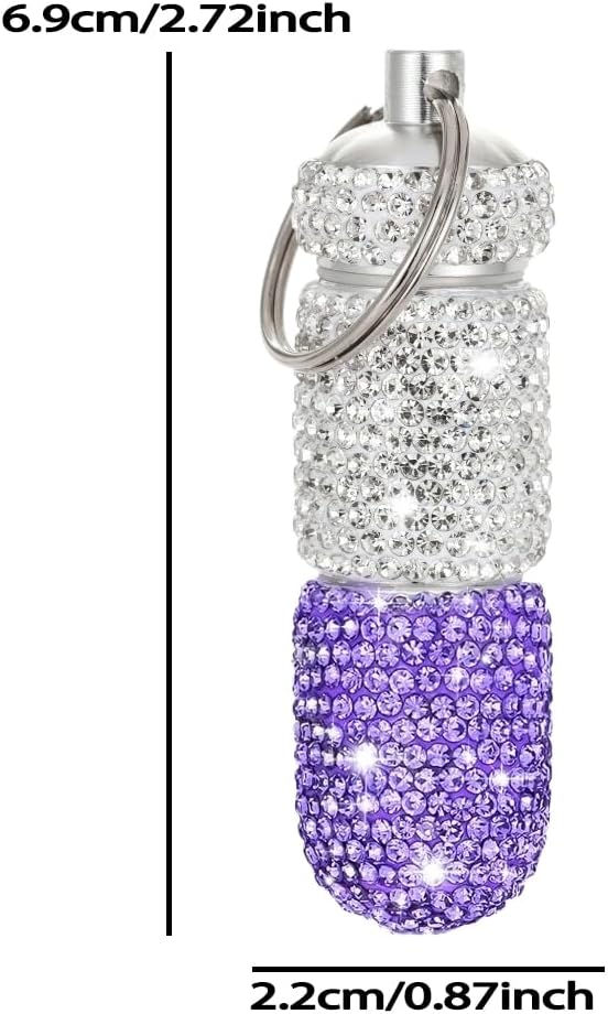 Bling Pill Case Portable Travel Pill Container Bottle Rhinestone Waterproof Small Pill Holder with Keychain Cute Mini Pill Storage Box (white purple)