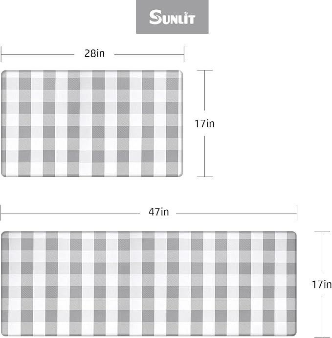 Sunlit Set of 2 Anti Fatigue Kitchen Floor Mat, Non Slip Waterproof Comfort Standing Mat, 0.4 Inch Thick Cushioned Farmhouse Kitchen Rug Runner, Gray and White Buffalo Plaid(Size:17"x28"&17"x47")