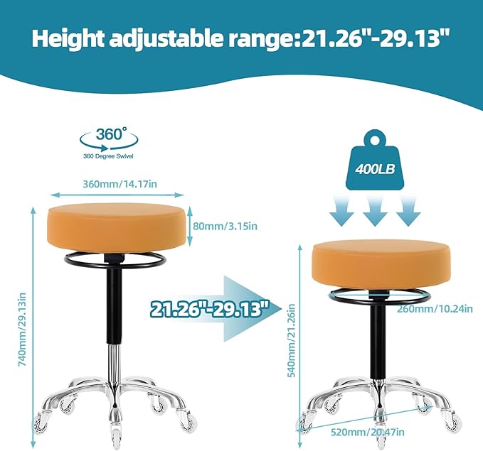 Swivel Rolling Stool Round Chair,Thick Sturdy Padding,Adjustable Stool with Wheels for Doctor(Camel)