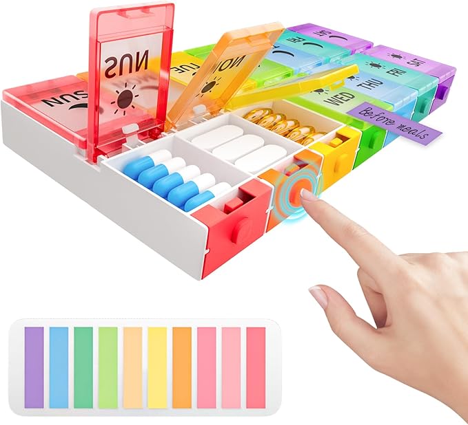 Push Button Weekly Pill Organizer 2 Times a Day, Medicine Pill Organizer with Labels, Pill Box Case 7 Day AM PM BPA-Free, Pill Container for Vitamins, Fish Oil, Supplements and Medication