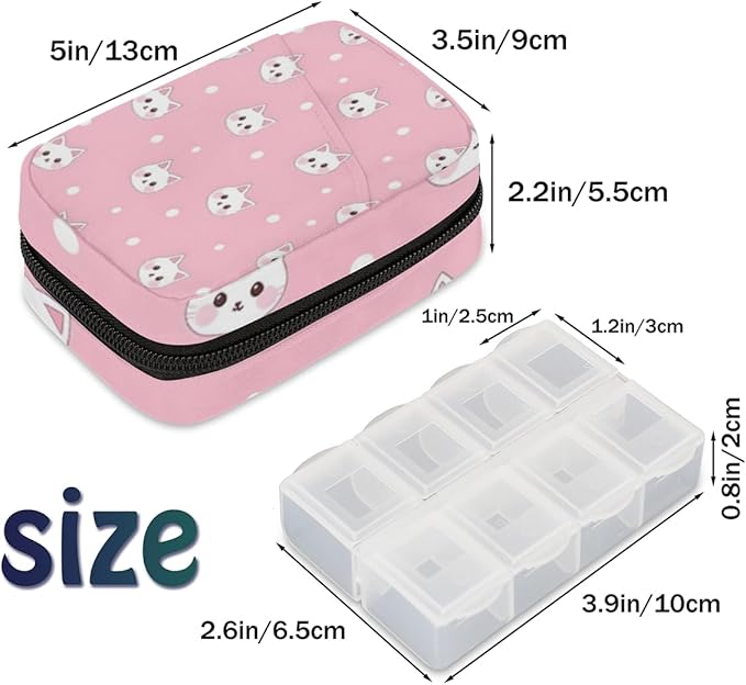 Cute Cat Travel Pill Organizer Bag Portable Weekly Pill Box Travel Medicine Organizer 7 Day Pill Case with Zipper for Daily Travel Family Business