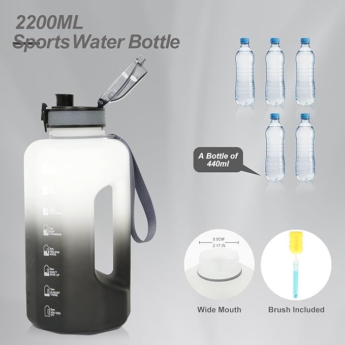 GEMFUL Half Gallon Water Bottle with Time Marker 74oz BPA-Free Leakproof Jug for Gym Workout 2.2L Large Capacity (White/Black no Straw)