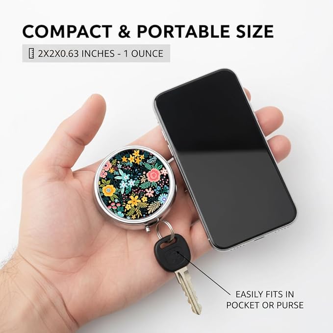 Vintage Flowers Pill Box 3 Compartment Small Pill Case,Portable for Pocket or Purse Pill Organizer Pill Container Holder with Mirror to Hold Vitamins, Medication, Fish Oil and Supplements