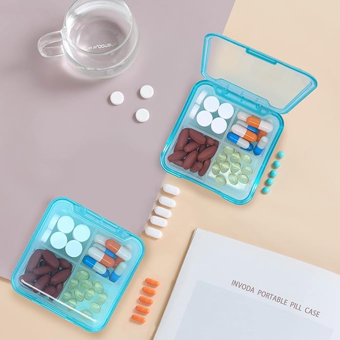 Pill Case for Pocket Travel Pill Organizer Small Pill Box Portable 4 Compartments Removable Medicine Organizer for Vitamin Fish Oil (Sky Blue)