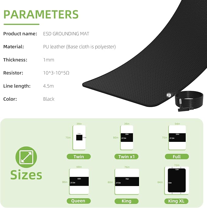 Grounding Mat for Bed, Grounding Pad for Sleeping, Improves Sleep, with Static grounding Cord and Test Pen (Black, (60.1 * 26.5 inch))